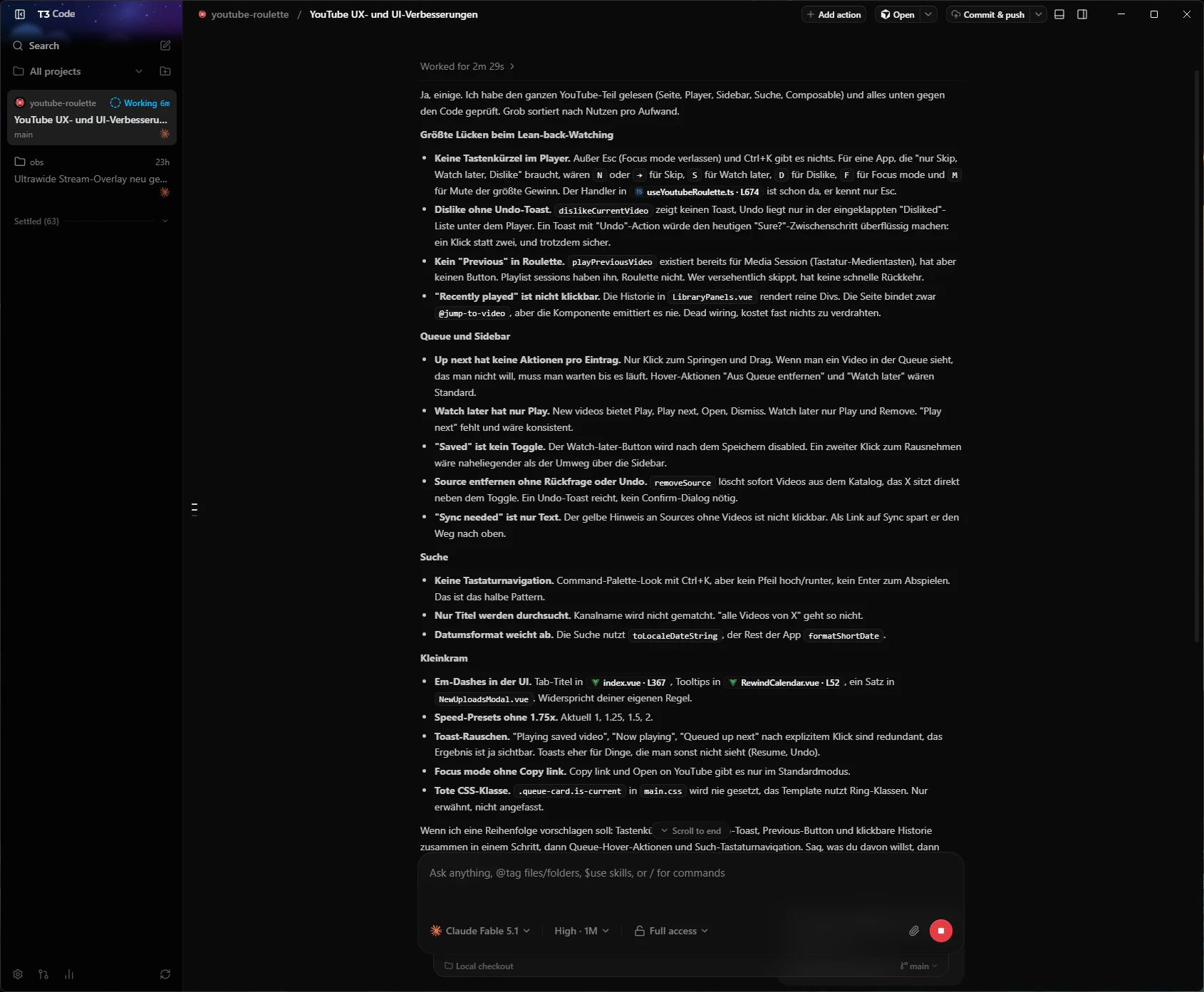 T3 Code on desktop with the project sidebar and a running Claude agent