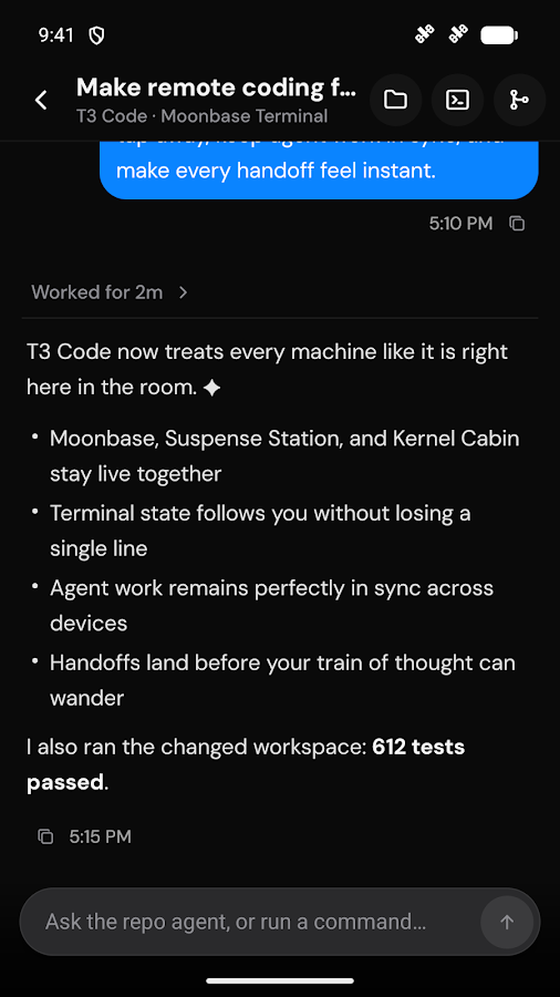 A running T3 Code agent thread on a smartphone